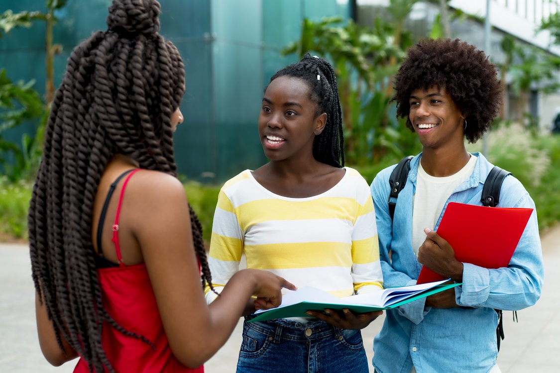 Group of african american male and female students in discussion in summer
