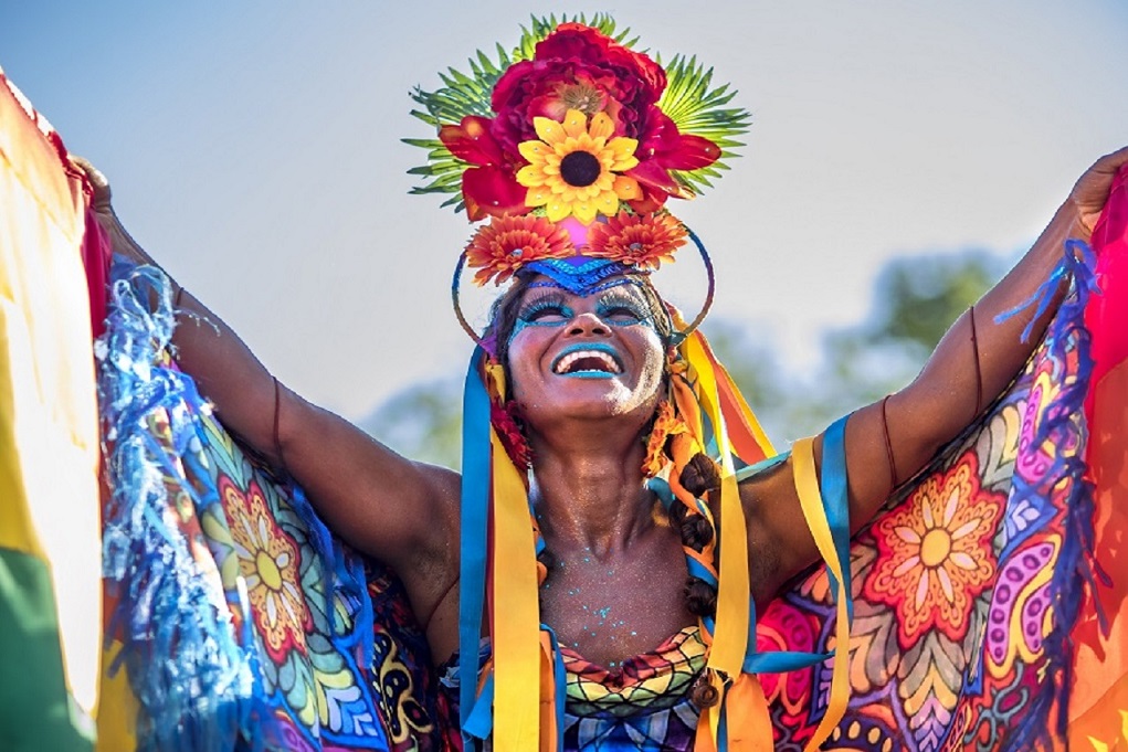 Rio de Janeiro, Brazil - February 9, 2016: Beautiful Brazilian woman of African descent wearing colourful costume and smiling during Carnaval 2016 in Rio de Janeiro, Brazil.